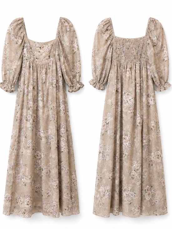 Worth Collective Dresses & Skirts - Worth Collective Mona Maxi Dress Beige Brown Floral Puff Sleeve